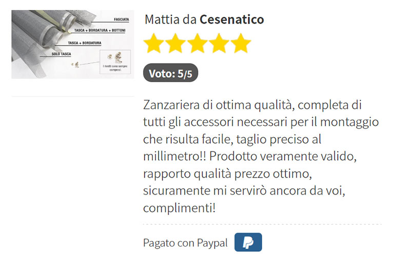 Recensioni clienti sulle nostre reti zanzariere