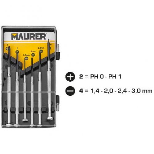 Cacciaviti Orologiaio Maurer Serie 6pz (4tg+2cr)(ex 80153) - Serie 6 pz. e Assortimento 4TG+2CR - cod. 83246