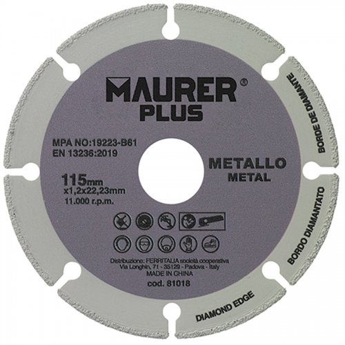 Disco Taglio Universale P/metallo mm 115x1,2x22,33 - Maurer Plus - Misura 115x1,2 mm. E Foro 22,26 mm - cod. 81018