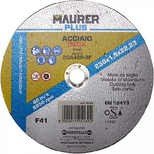 Mola Taglio Acciaio Inox Maurer Plus Mm 115x1,6 - Misura 115x1,6 mm. e Foro 22 mm. e Uso Taglio - cod. 88547