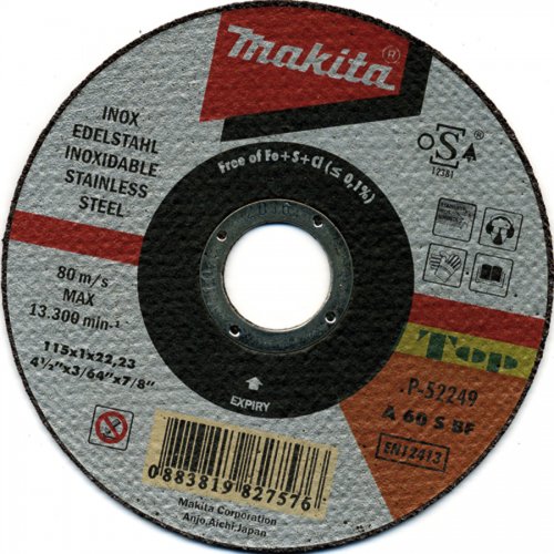 Mola Taglio Acciaio Inox Makita 115x1mm - Misura 115x1 mm., Foro 22,2 mm. E Uso Taglio - cod. 69442