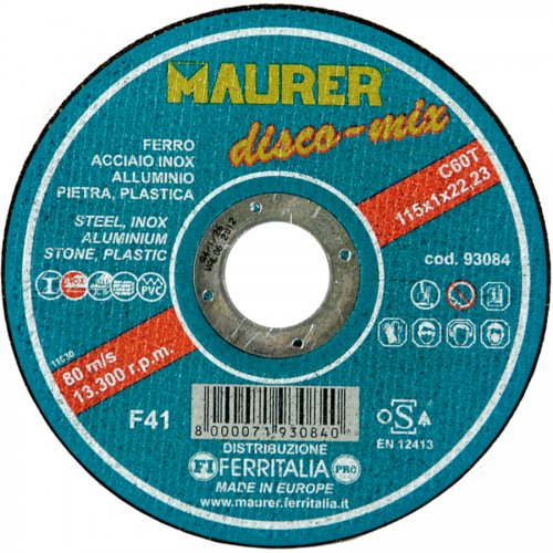 Mola Taglio Multifunzione Maurer mm 115x1 - Misura 115x1 mm., Foro 22,23 mm. E Uso Taglio - cod. 93084