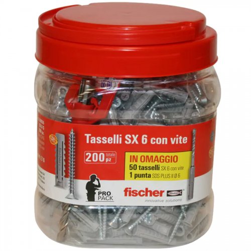 Tasselli Nylon Fischer "sx 6s" 6x30mm C/vite (secchiello 200 Pz) - Articolo SX-6S e  x L. 6x30 mm. e Confez. 200 pz. - cod. 29078